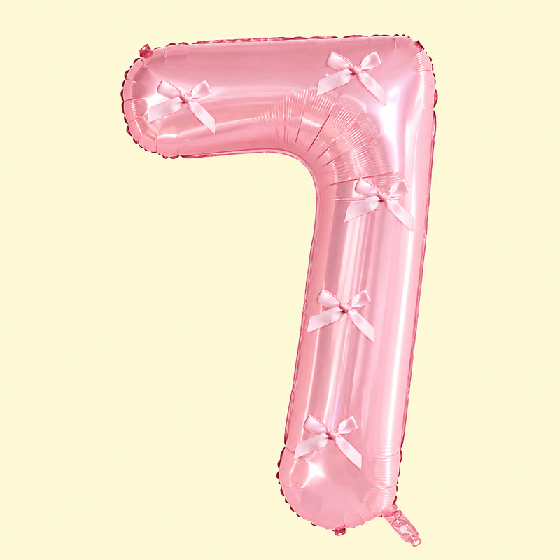 Rozā hēlija ciparu balons cipars 7 ar bantītēm meiteņu dzimšanas dienai princešu tematikā