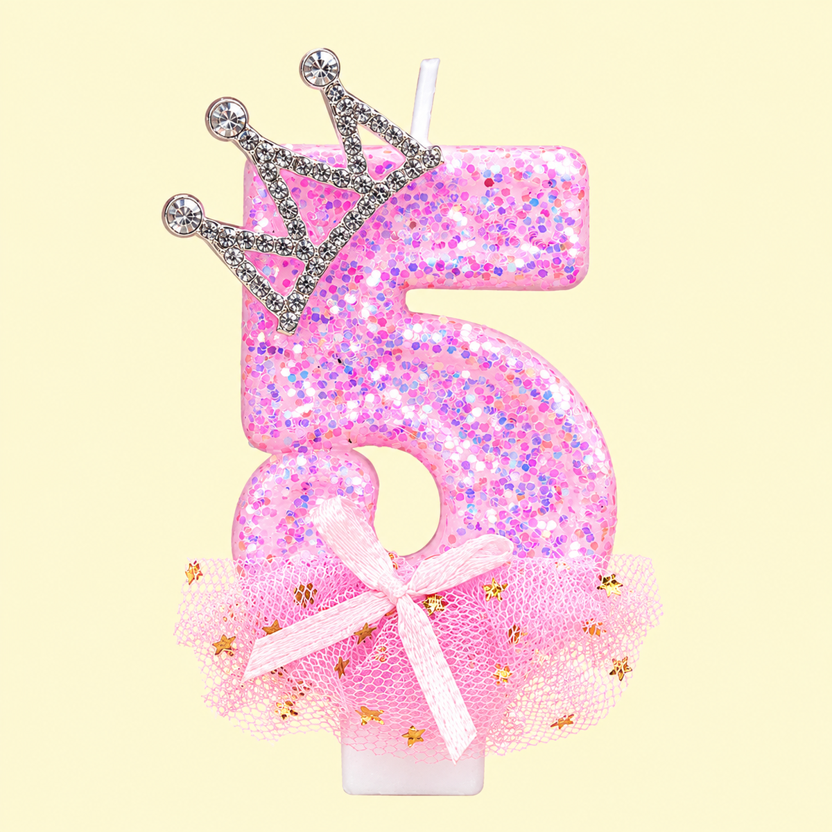 Rozā dzimšanas dienas svece cipars "5" ar gliteriem un princeses kroni. Lieliski piemērota 1 gada dzimšanas dienai, kūkas dekorēšanai un bērnu ballītēm.