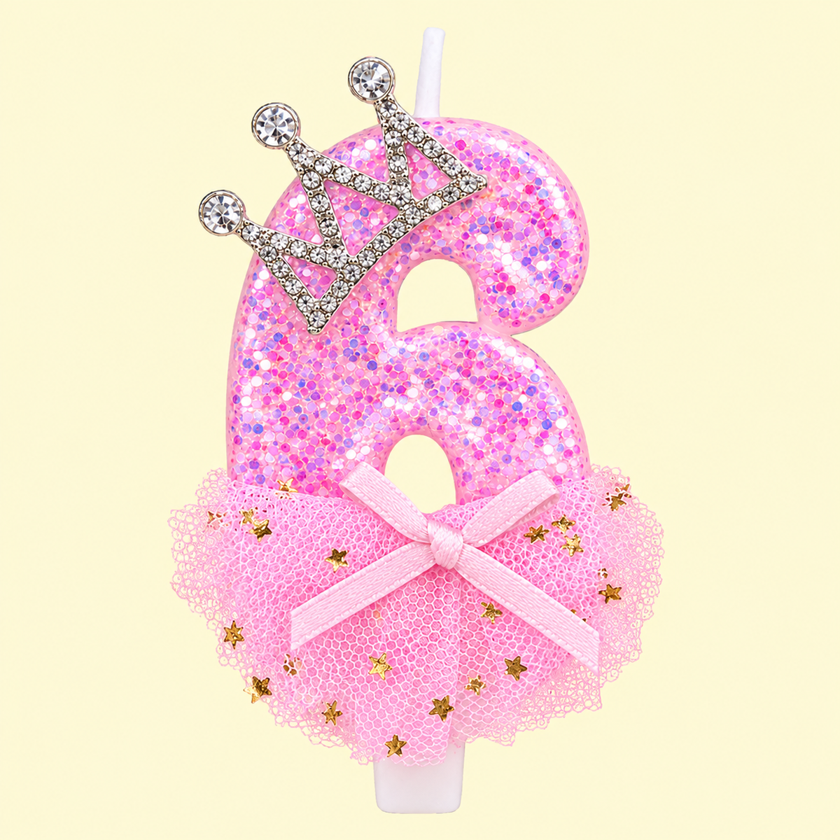 Rozā dzimšanas dienas svece cipars "6" ar gliteriem un princeses kroni. Lieliski piemērota 1 gada dzimšanas dienai, kūkas dekorēšanai un bērnu ballītēm.